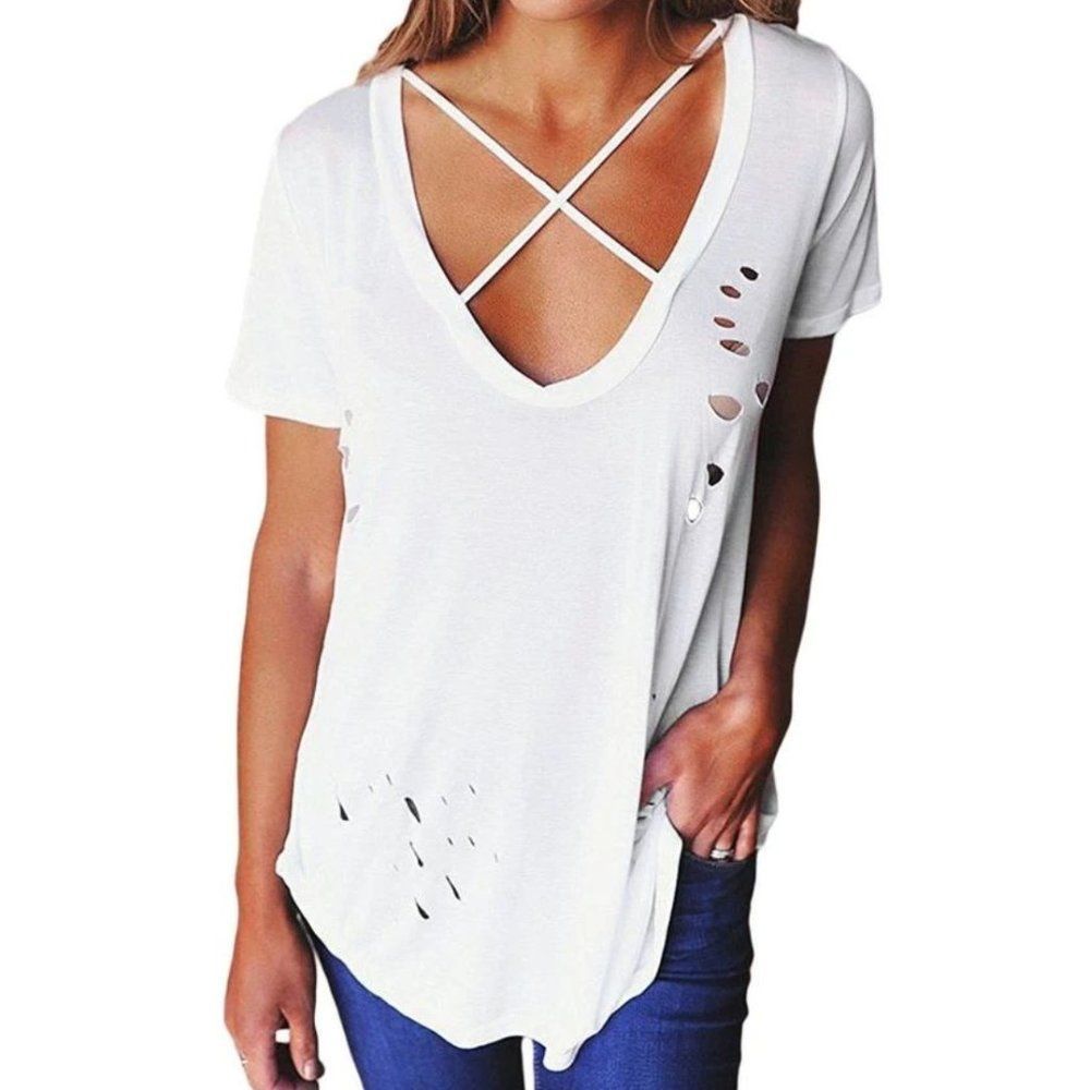 NWT Forever This Way Distressed Tee White Destroyed Ripped Criss-Cross Preppy
